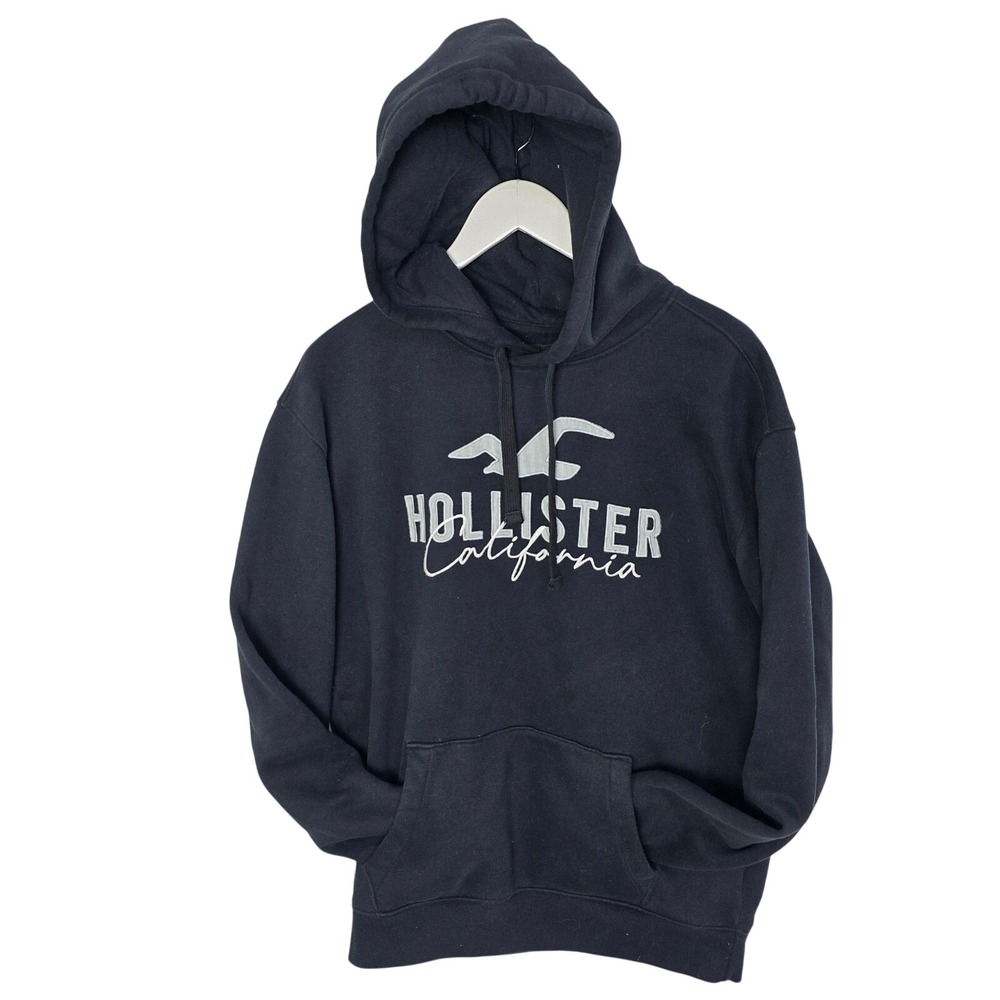 Hollister Men's Y2K Spellout Hoodie Sweatershirt Medium Black Preppy Beach